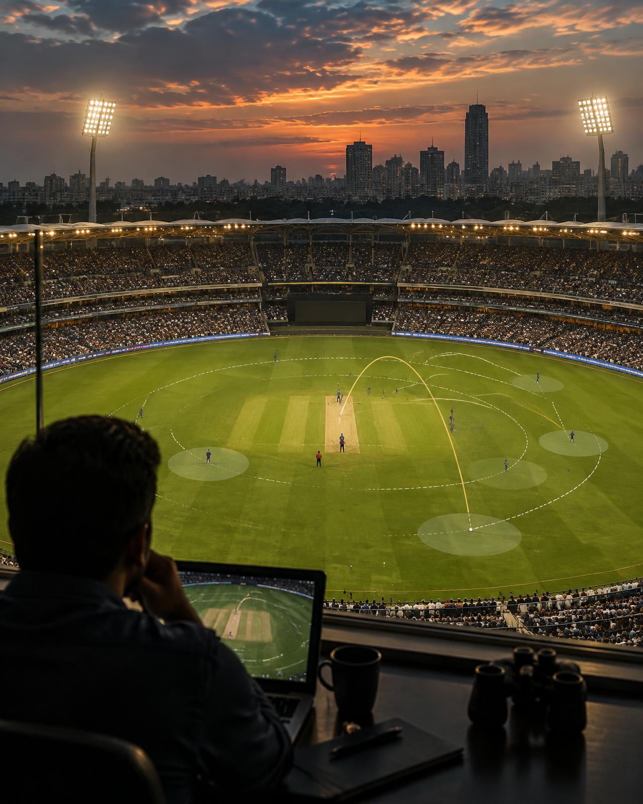 Cricket analyst studying a stadium and tactical field placements